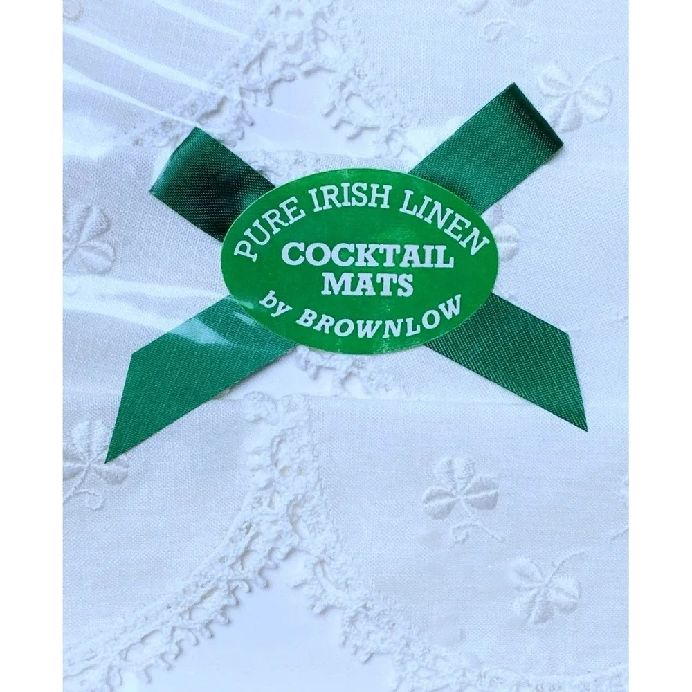 Irish Linen White Cocktail Mat Coasters 6pc Lace Edged Shamrock Embroidered NOS